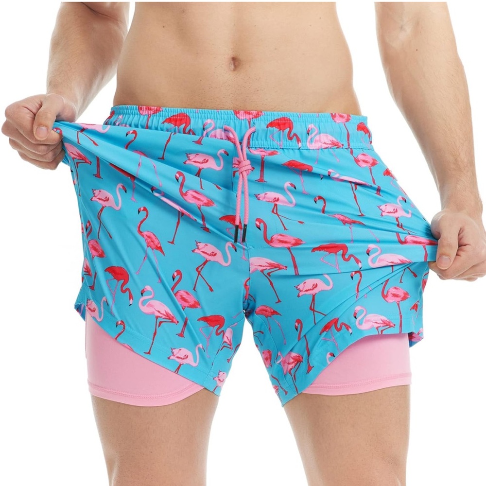 BOYS MAAMGIC Flamingo Print Swim Shorts - Blue and Pink